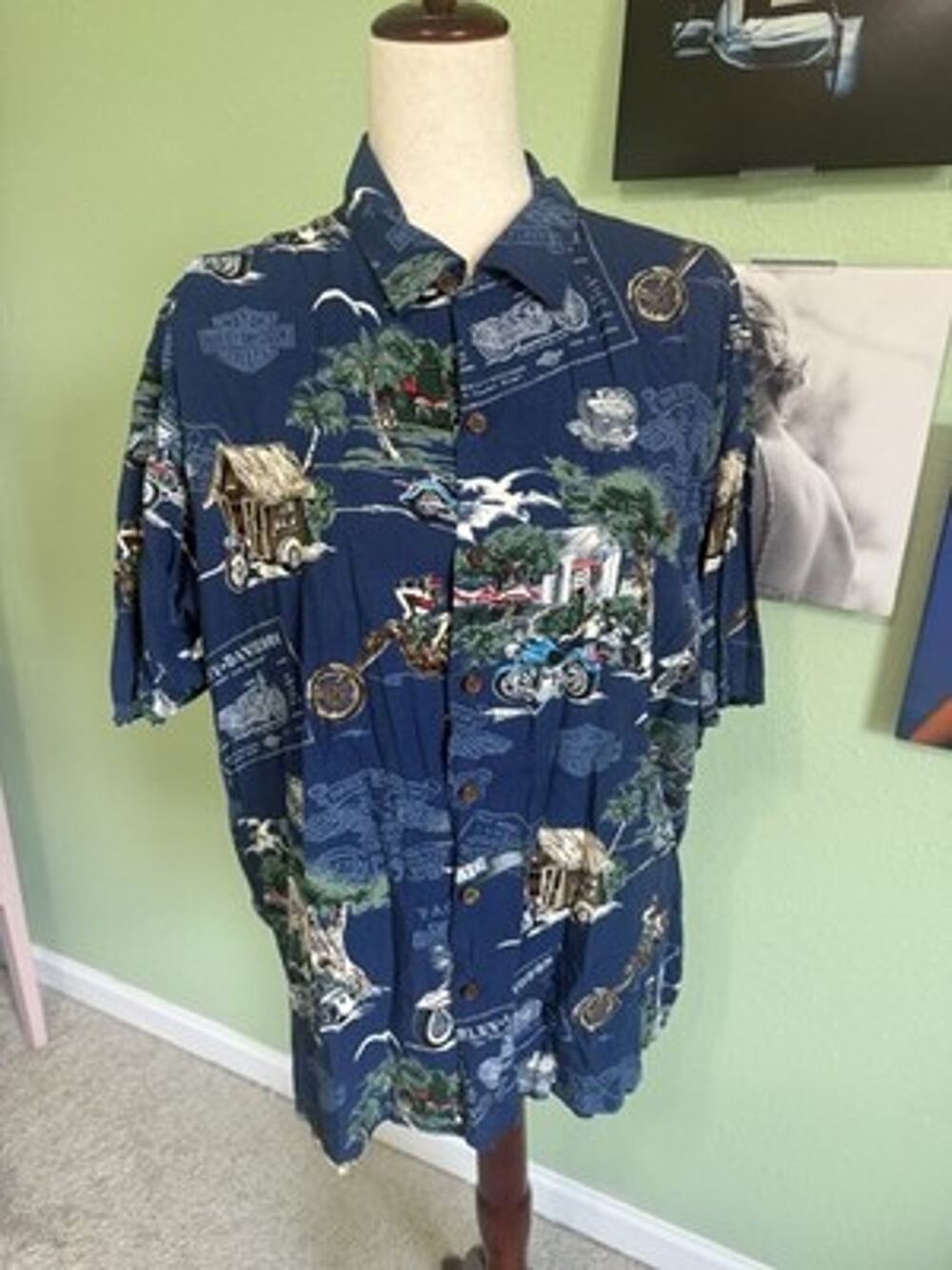 Harley Davidson Hawaiian Shirt Mens XL Blue Hawaiian Motorcycle Aloha Made USA